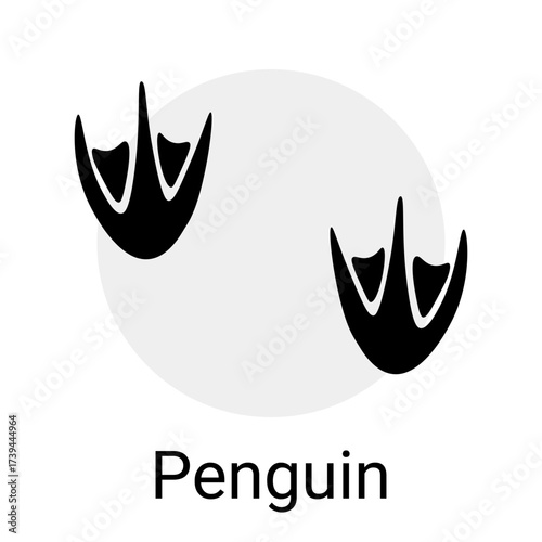 Animal footprint. Penguin pawprint. Foot track black shapes. Pair footsteps imprint with claw. Polar fauna wildlife. Arctic bird step trail silhouette stamp. Antarctic duck hunting. Vector concept