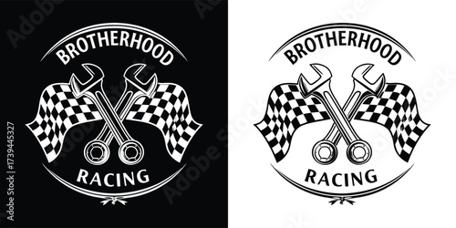 Brotherhood racing emblem featuring crossed wrenches and checkered flags, symbolizing unity and competition in motorsports