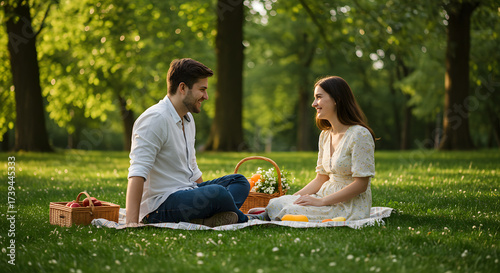Young couple enjoying picnic together in sunny park on grass  