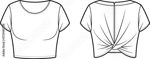 Women’s crop top fashion flat sketch, CAD drawing clothing design, vector technical template, twisted back detail t-shirt apparel illustration flat vector