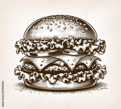 cheeseburger with sesame seed bun, cheese, lettuce, and patty, symbolizing fast food and classic cuisine sketch engraving generative ai vector illustration. Scratch board imitation. Black and white.