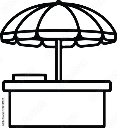Vector silhouette market stand with umbrella line art illustration