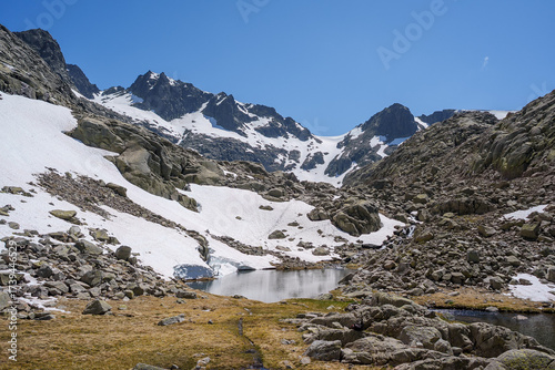 Snow-covered mountains, rocky slopes, and a tranquil alpine lake in Sierra de Gredos, Spain, beneath a clear blue sky. Rugged peaks define the spring landscape.