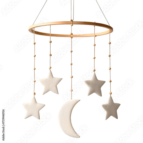 White Felt Moon and Stars Baby Mobile with Wooden Hoop nursery decoration