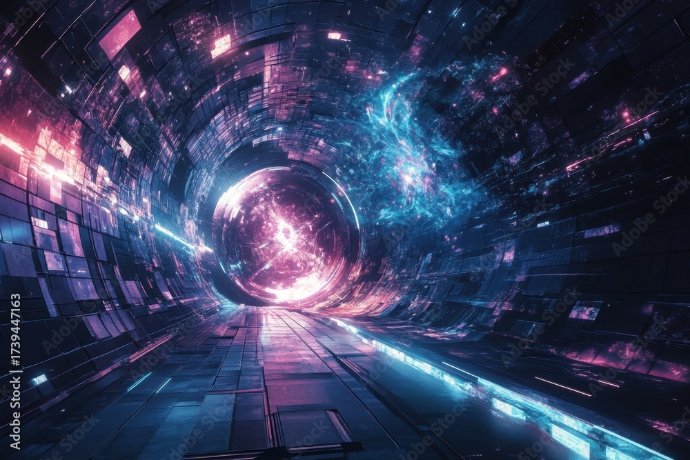 Fototapeta premium Vibrant cosmic tunnel with swirling energy patterns and bright star-like elements