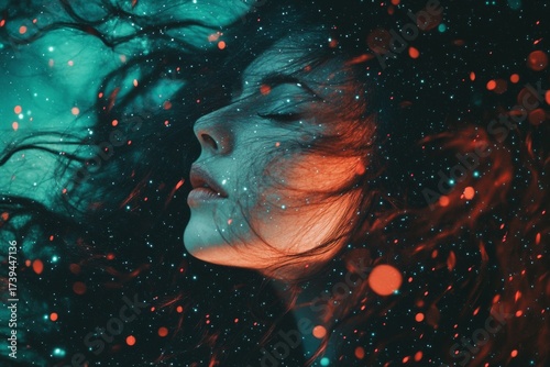 Woman in profile with flowing hair resembling a nebula