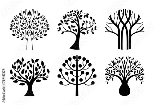 Black trees silhouettes. Natural forest plant, abstract geometric form graphic for logotype, ecological emblem and natural bio product decorative badge. Vector flat style isolated illustration set