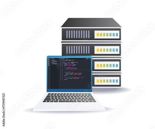 it server and laptop design symbolizing programmer work and data system