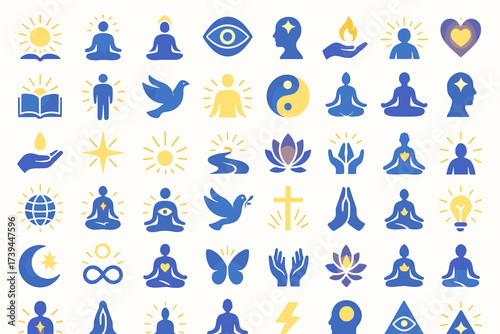 Spiritual Awakening Icon Set — Meditation, Mindfulness, Yoga, Energy, Chakra, and Enlightenment Symbols