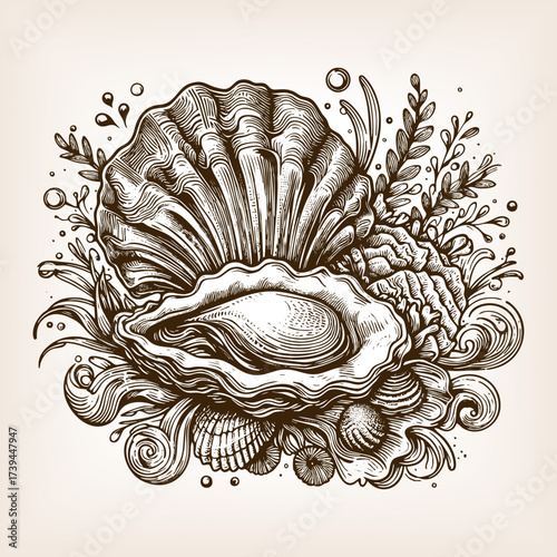 oysters with open and closed shells, symbolizing seafood, ocean harvest, and gourmet culinary delicacies sketch engraving generative ai vector illustration. Scratch board imitation. Black and white.