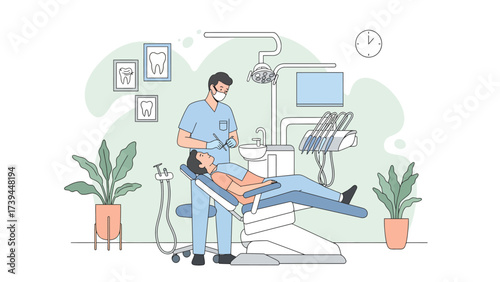 Dentist Examining Patient In Modern Dental Office Illustration