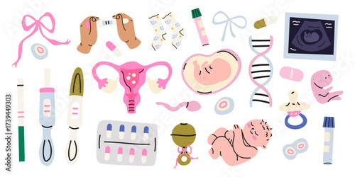 Human fertilization. Conception and preparation for pregnancy cartoon elements. Gynecology theme. Female reproductive health concept. Medical vector illustration