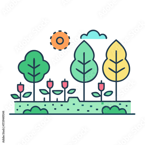 Bright garden landscape illustration with trees, flowers, sun, and clouds
