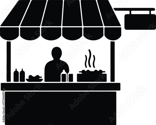 Vector silhouette street food vendor stand with sign illustration