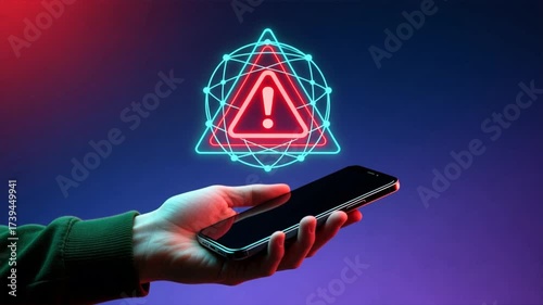A hand holding a smartphone projecting a glowing red hologram symbolizing a scam alert warning, a fraud alert, and email spam danger