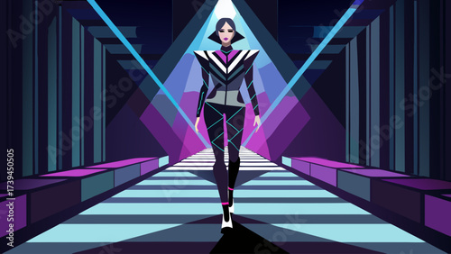 A woman in a futuristic outfit walks down a runway. The image is a stylized drawing of a futuristic fashion show