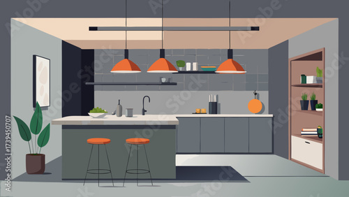 A kitchen with a counter and two stools. The counter has a bowl of fruit on it