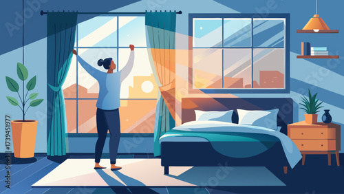A woman is standing in front of a window, stretching her arms and legs. The room is decorated with a bed, a potted plant, and a vase. The curtains are open, letting in the sunlight