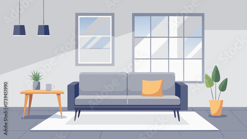 A living room with a couch, a coffee table, and a potted plant. The room is clean and well-lit, with a window letting in natural light. The couch is gray and the coffee table is wooden