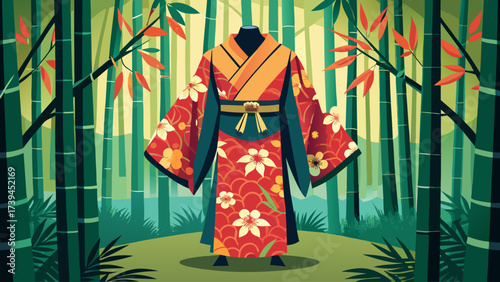 A red and white kimono is displayed in a forest setting. The kimono is adorned with flowers and has a floral pattern. Concept of tranquility and natural beauty