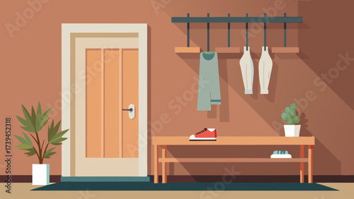 A hallway with a wooden door and a bench. The bench has a pair of shoes on it