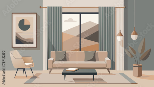 A living room with a couch, chair, and a potted plant. The room has a modern and minimalist design with a neutral color palette. The window provides a view of the mountains