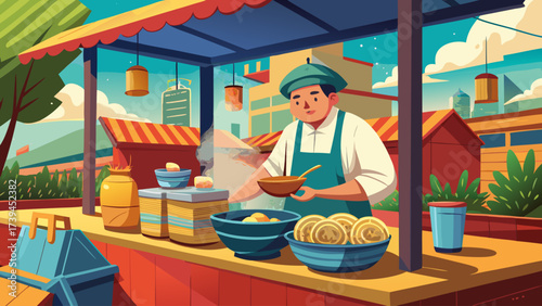 A man is cooking food at a food stand. The food stand is set up in front of a building