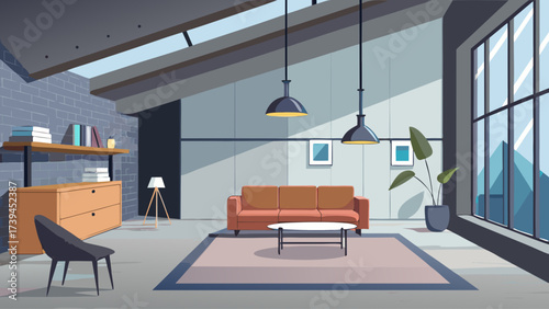 A cozy living room with a brown couch, a black chair, a coffee table, and a potted plant. The room has a modern and minimalist design, with a neutral color palette and clean lines