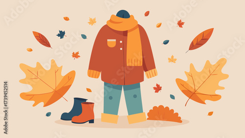 A cartoon drawing of a person wearing a red coat and scarf with leaves and autumn leaves surrounding them