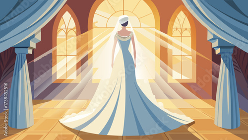 A woman in a wedding dress is standing in front of a window with sunlight shining on her. The scene is set in a church or a similar building