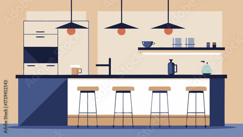 A kitchen with a counter and a sink. There are four stools and a coffee maker. The counter is white and the walls are beige