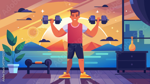 A man is lifting weights in a gym with a view of the ocean. The man is smiling and he is enjoying his workout