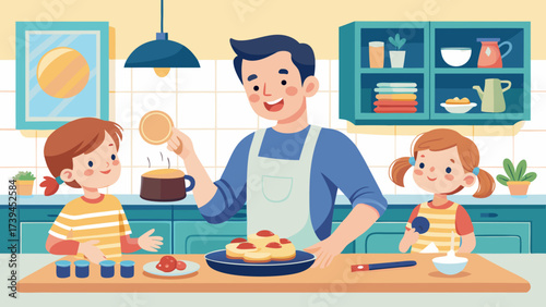 A man is cooking pancakes for his two children in a kitchen. The children are watching him and seem to be enjoying the process