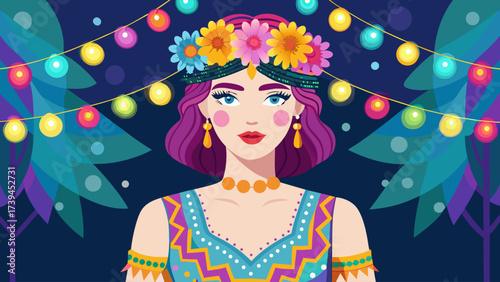 A woman wearing a flower headdress is standing in front of a tree. The background is lit up with colorful lights
