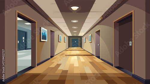 A long hallway with a few doors and a few pictures on the wall. The hallway is empty and the lights are on