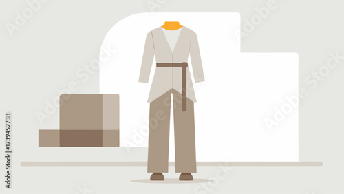 A mannequin is wearing a white jacket and tan pants. The jacket has a belt and the pants are brown. The mannequin is standing in a room with a white wall