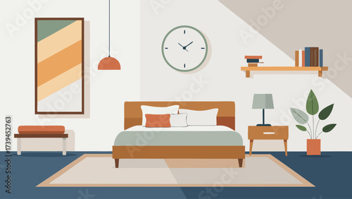 A bedroom with a bed, nightstand, and a clock. The clock is on the wall and shows the time as 10:30. The room is decorated with a rug and a potted plant