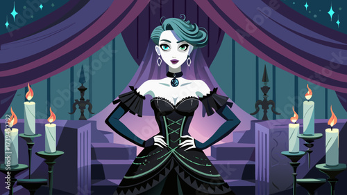 A woman in a black dress stands in front of a table with candles. The candles are lit, creating a warm and inviting atmosphere. The woman is wearing a black dress