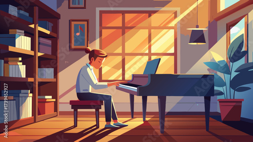 A man is sitting at a piano in a room with a potted plant. The room is filled with bookshelves and a window. The man is playing the piano, and the room has a calm and peaceful atmosphere