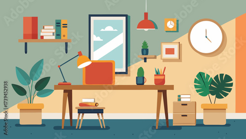 A cartoon drawing of a home office with a desk, a clock, a potted plant, and a few books