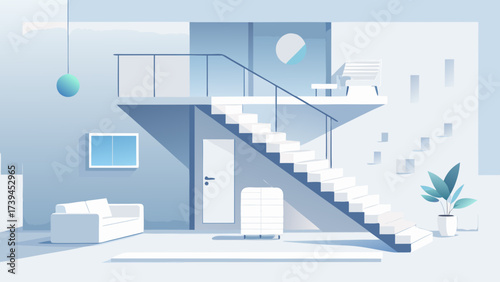 A white staircase leads to a white room with a couch and a potted plant. The room is very clean and organized, with a minimalist design. The potted plant adds a touch of greenery to the space