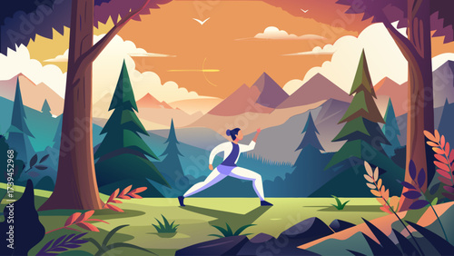 A man is practicing yoga in a forest. The sky is orange and the trees are green