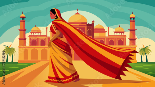 A woman wearing a red and yellow sari is walking down a road in front of a large building. The scene is set in a foreign country, and the woman is enjoying her walk