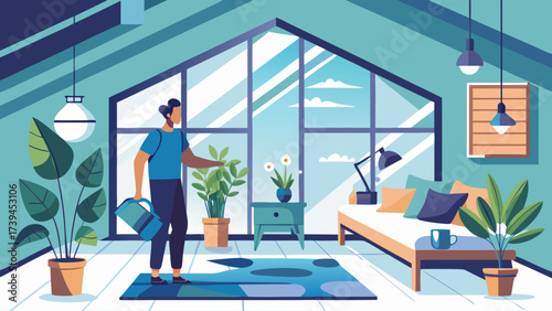 A man is watering plants in a room with a blue ceiling. The room has a modern design with a bed, a lamp, and a potted plant