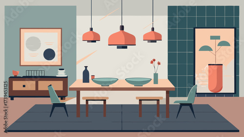 A modern living room with a table and chairs, a vase with flowers on it, and a potted plant