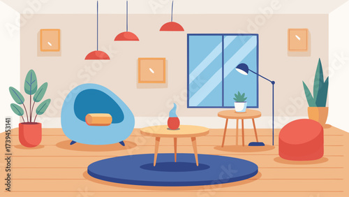 A room with a blue chair, a table, a lamp, and a potted plant. The room is empty and has a minimalist design