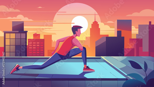 A man is stretching on a rooftop in a city. The sky is orange and the sun is setting