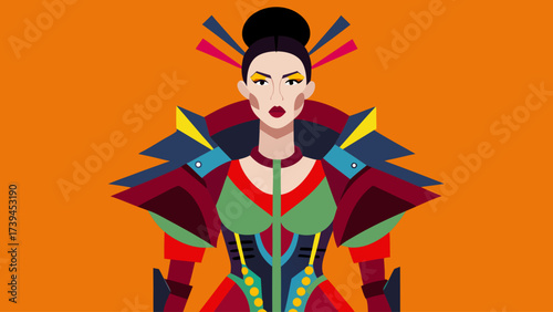 A woman in a colorful outfit with a red and blue jacket. She has a red nose and is wearing a green top