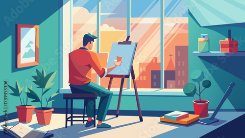 A man is painting a picture in a room with a window. The painting is of a cityscape with a man sitting in a chair. The room has a potted plant and a few books
