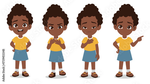 African American Little Girl Characters Portraying Diverse Emotions And Poses